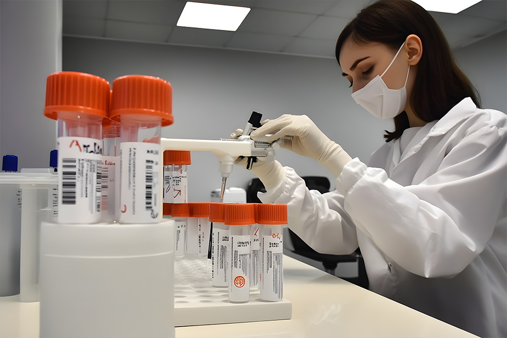scientist examining fake urine to calibrate lab equipment
